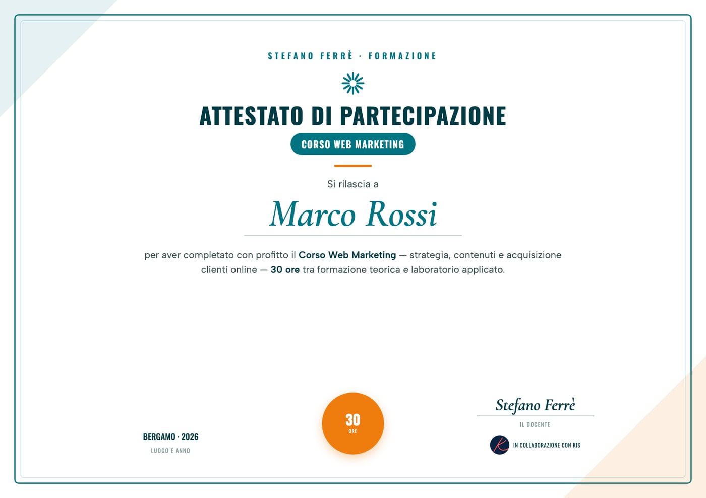 Esempio di attestato di partecipazione - Corso Web Marketing